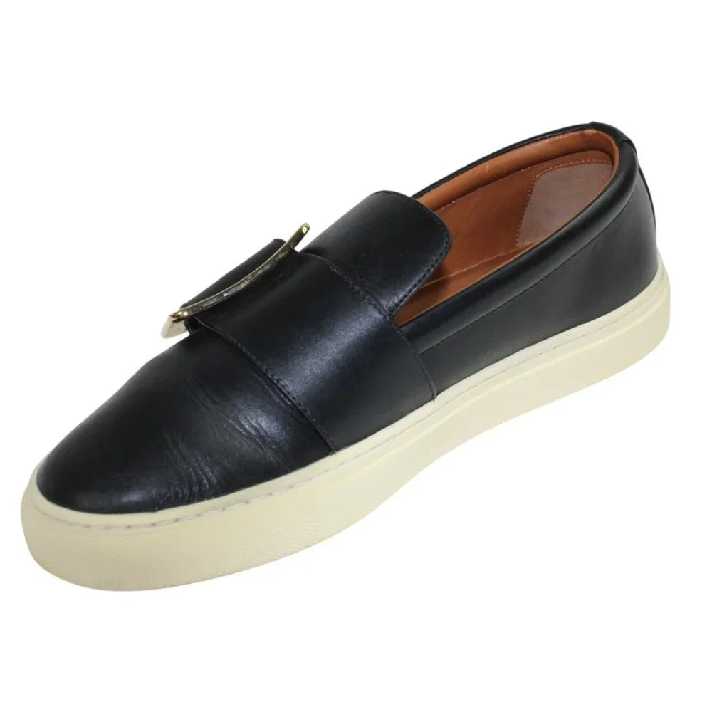 Bally Heska Black Leather Large gold Buckle Accent Slip On Sneakers Size 5.5